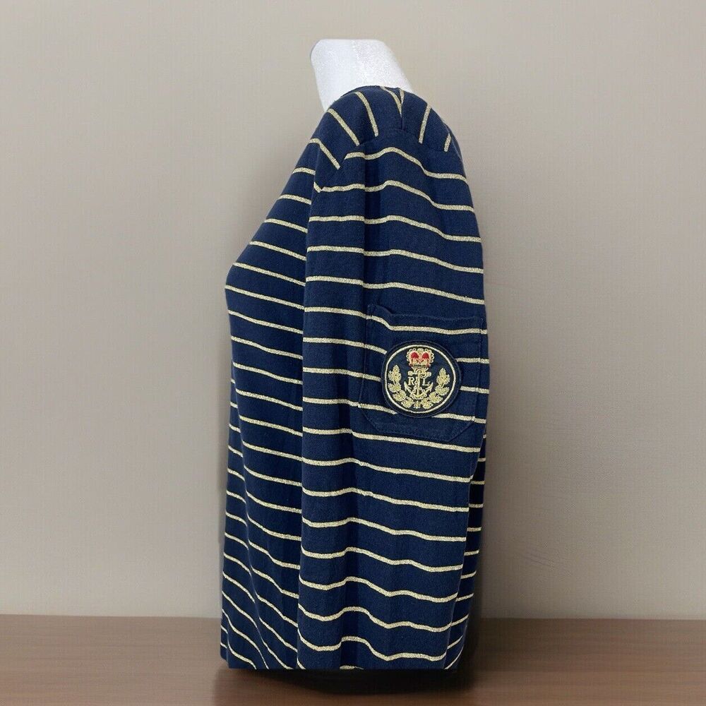 LAUREN Ralph Lauren Women XL Crest Long Sleeve Navy Gold Stripes Old Money